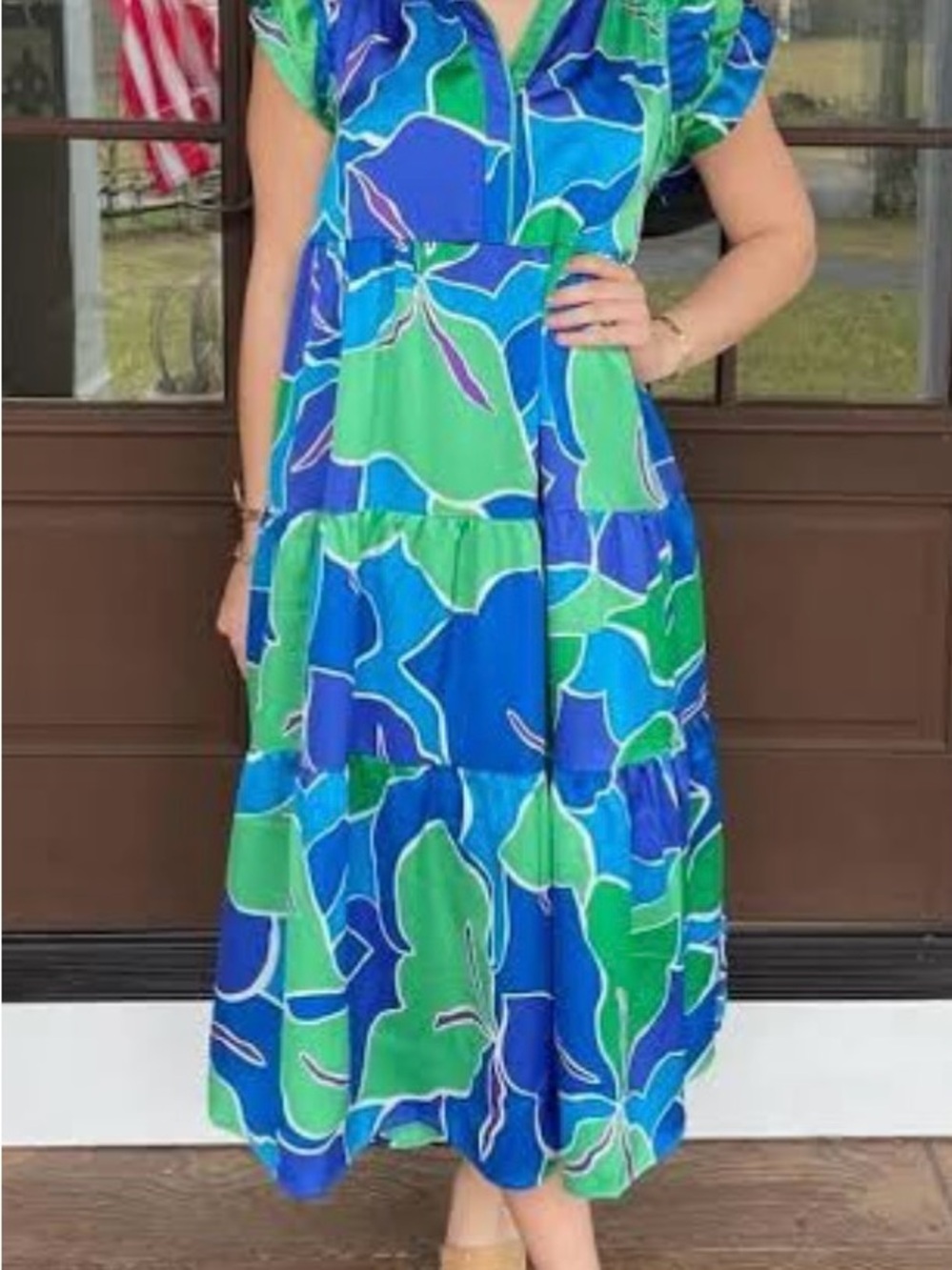 Umgee Green & Blue Abstract Floral Tiered Midi Dress